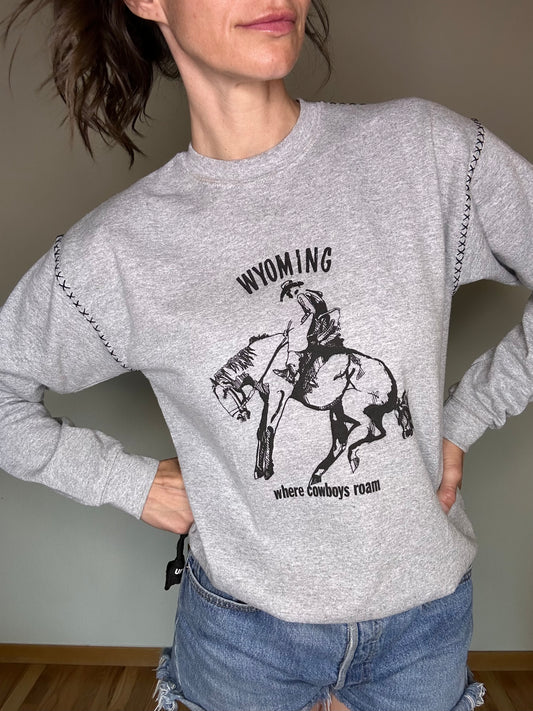 MCA Vintage Revival: Custom Wyoming Where Cowboys Roam Embroidered Flocked Sweatshirt - Custom Made (Unisex S)