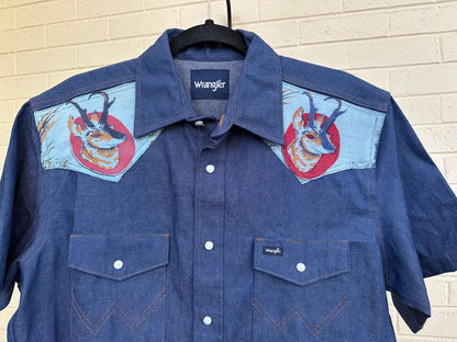 Custom 90’s Wrangler Indigo Pearl Snap Shirt (Unisex Medium)