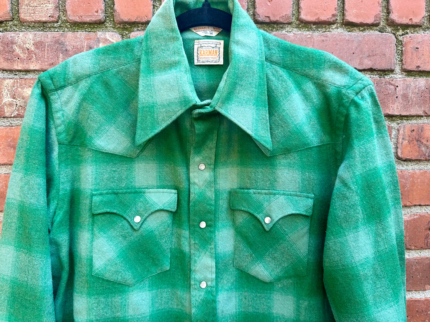 70’s KARMAN Western Washable Wool Green Shadow Plaid Pearl Snap (Unisex M/L)