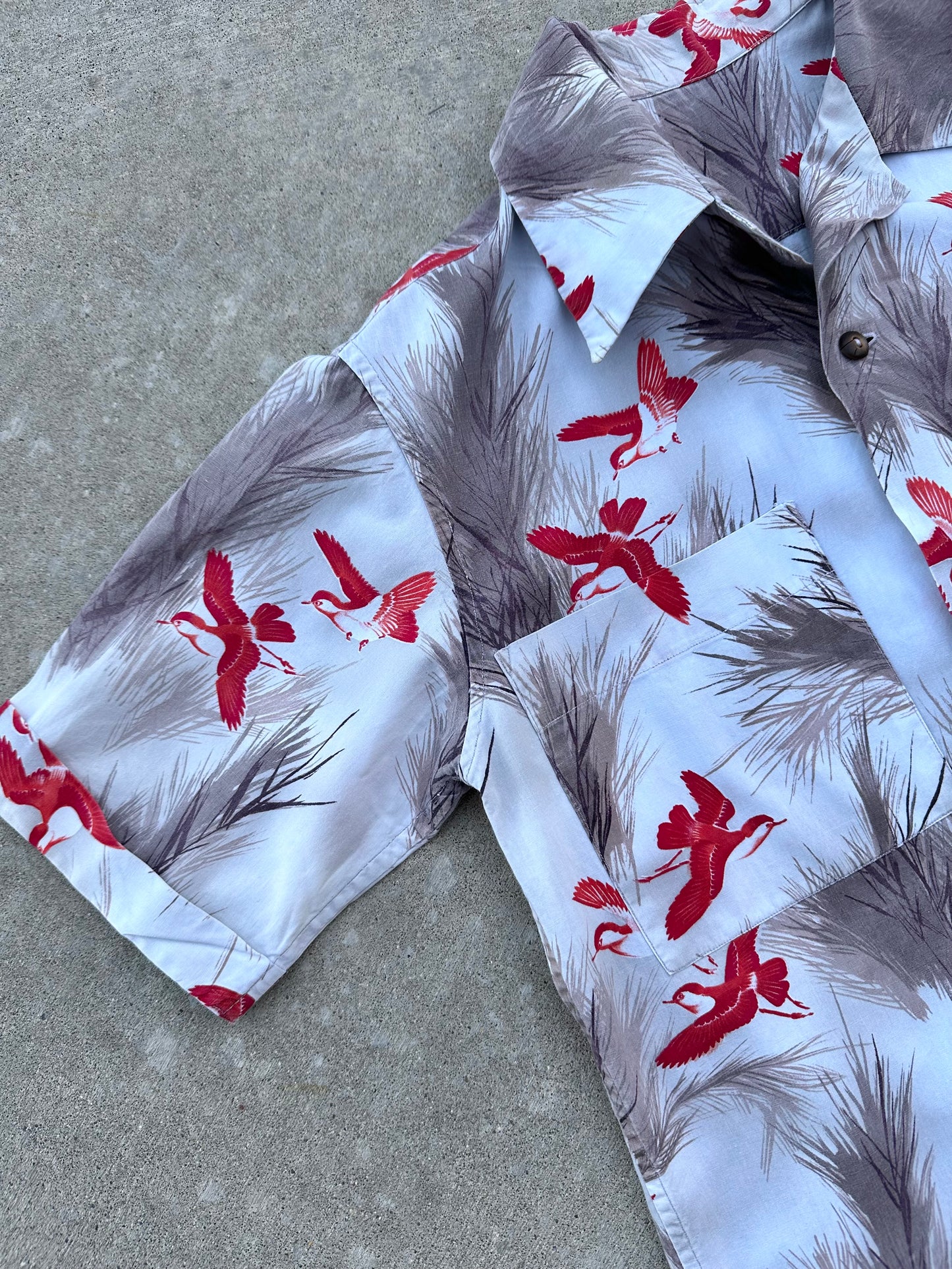 50’s Handmade Wild Birds Printed Cotton Casual Shirt (Unisex S/M)