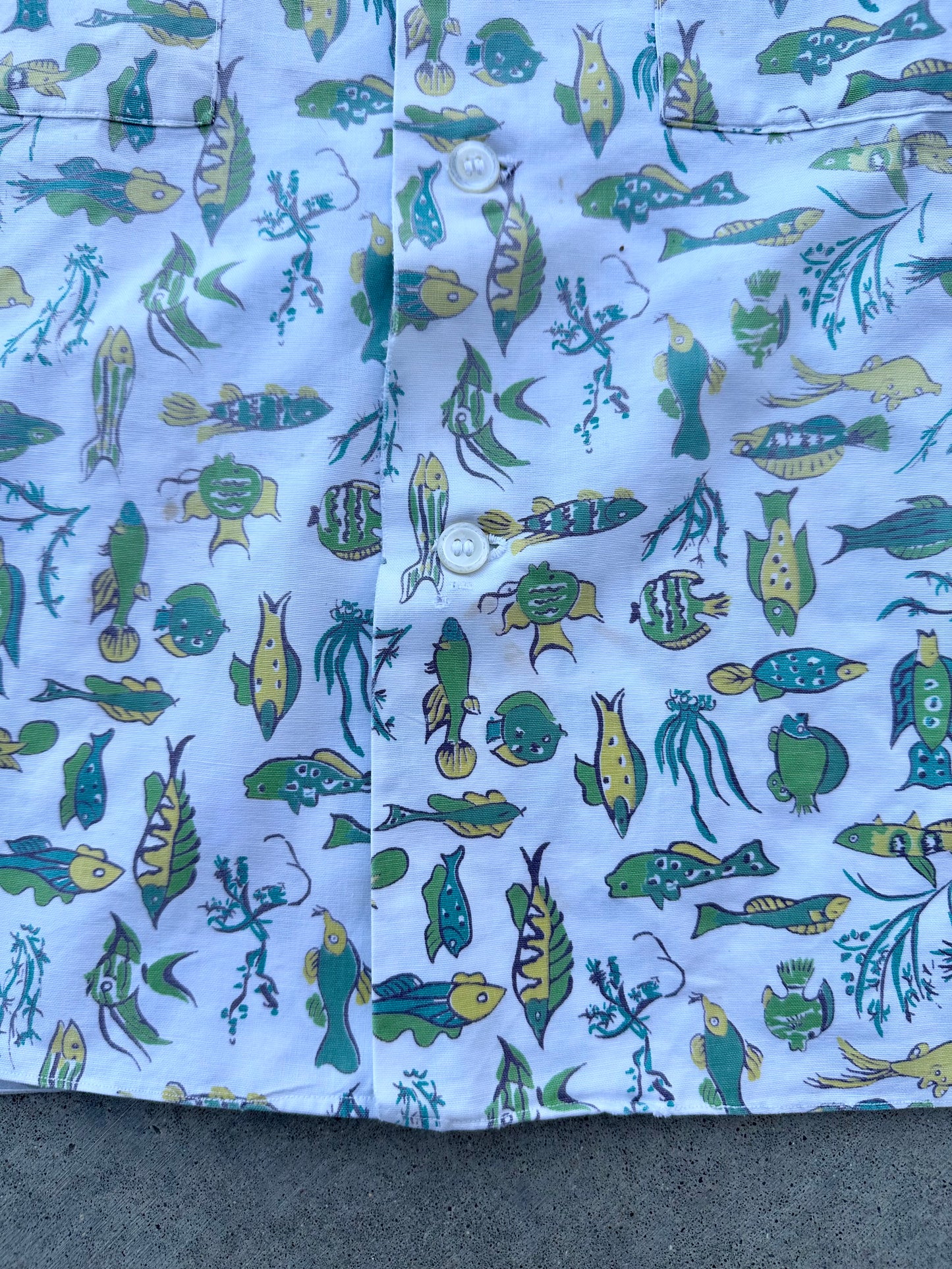 50’s Handmade Fish Printed Cotton Casual Shirt (Unisex S)