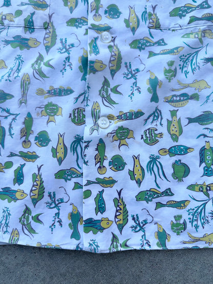 50’s Handmade Fish Printed Cotton Casual Shirt (Unisex S)
