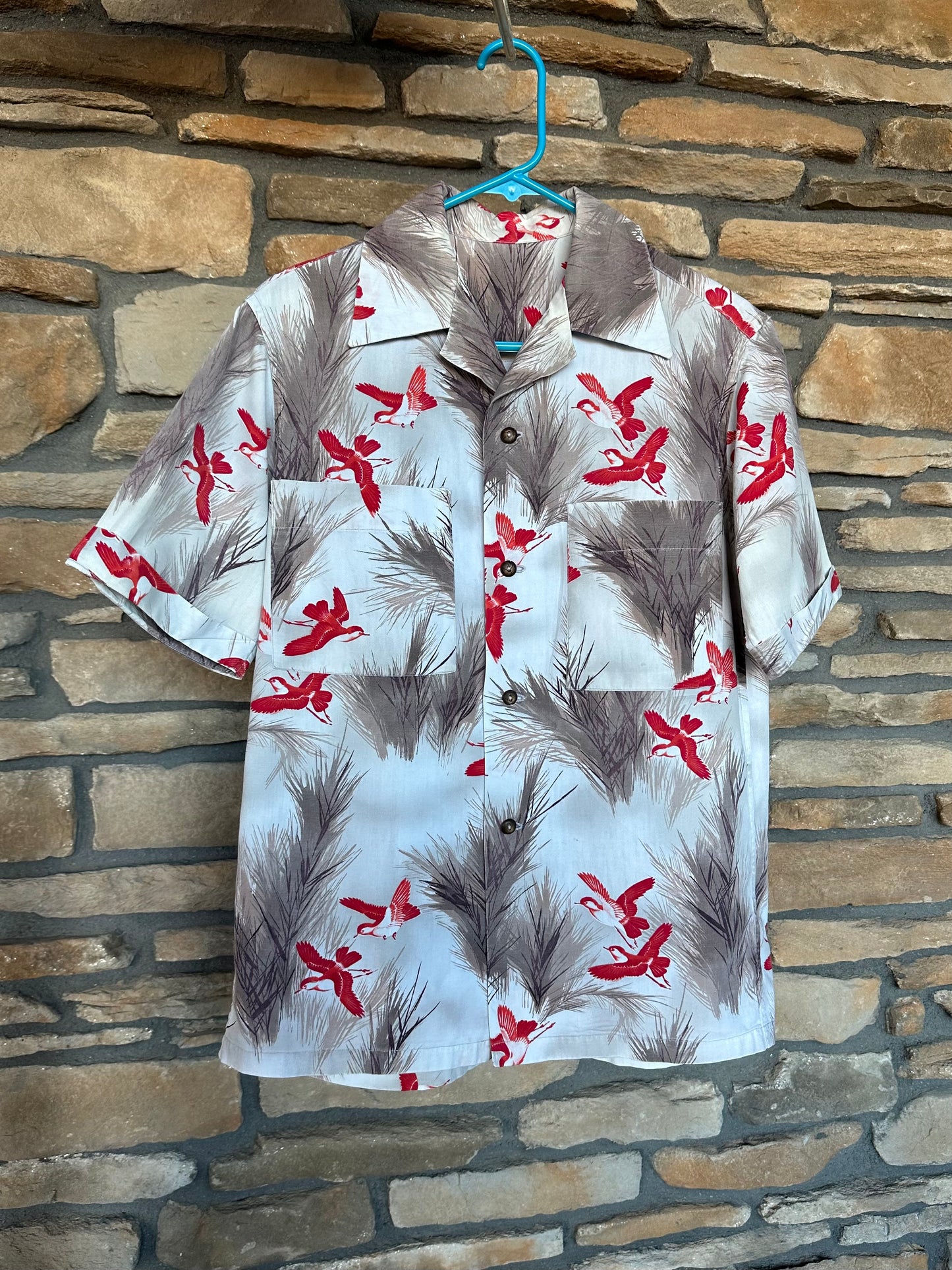 50’s Handmade Wild Birds Printed Cotton Casual Shirt (Unisex S/M)