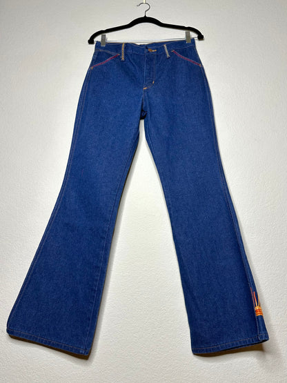 MCA Vibtage Revival: 70’s Wrangler Indigo Hand Embroidered Boot Flare Jeans (Modern 27/28)