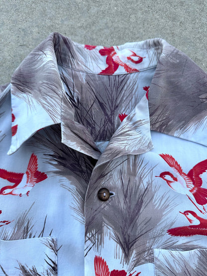 50’s Handmade Wild Birds Printed Cotton Casual Shirt (Unisex S/M)