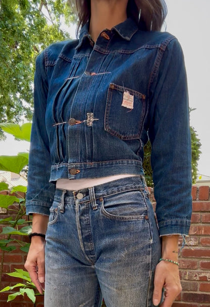 Rare 40’s Selvedge Buckle Back Pleated Type 1 Denim Jacket (Women’s XS)