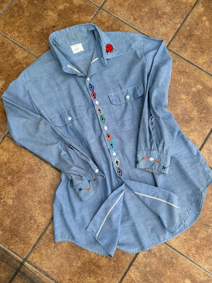 70’s Big Mac Selvedge Chambray Western Shirt w/ Hand Embroidery (Unisex XL)