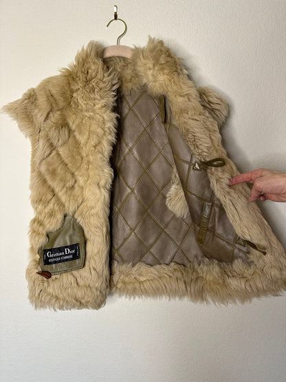 RARE 80’s Christian DIOR Boutique Fourrure Quilted Leather Shearling Toggle Vest (S/M)