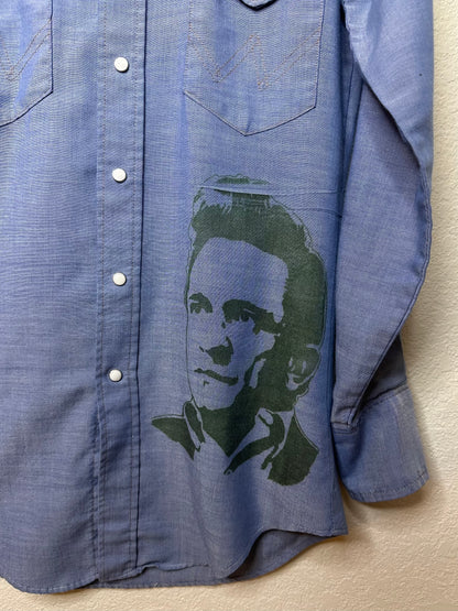 60’s Custom Wrangler Chambray Western Pearl Snap Shirt w/ Johnny Cash Graphic (Unisex S)