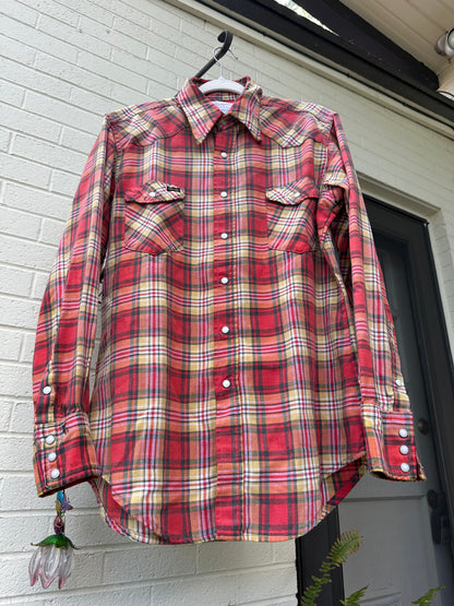 60’s Wrangler Cotton Plaid Pearl Snap Shirt (Men’s L)