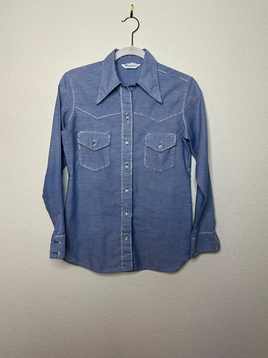 70’s Wrangler Chambray Western Shirt w/ Hand Embroidery (Unisex S)