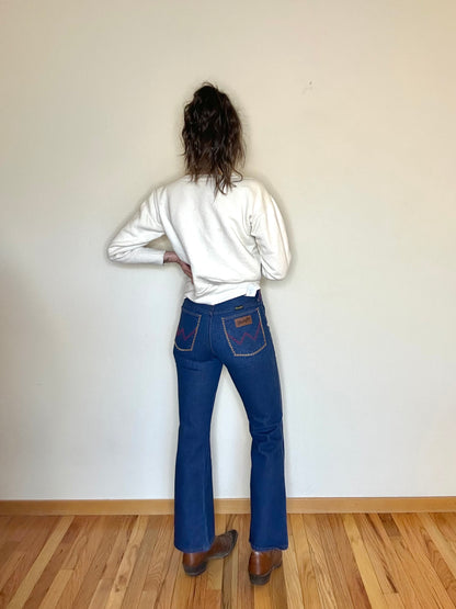 MCA Vibtage Revival: 70’s Wrangler Indigo Hand Embroidered Boot Flare Jeans (Modern 27/28)