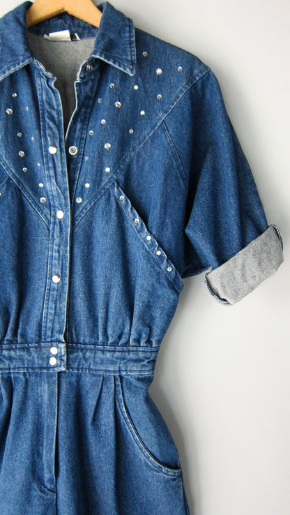 80s Western Denim Rhinestone Embellished Jumpsuit / Coveralls  (Unisex S/M)