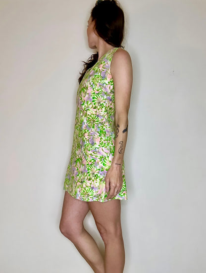 60’s Handmade Colorful Floral Print Mod Mini Dress (XS/S)