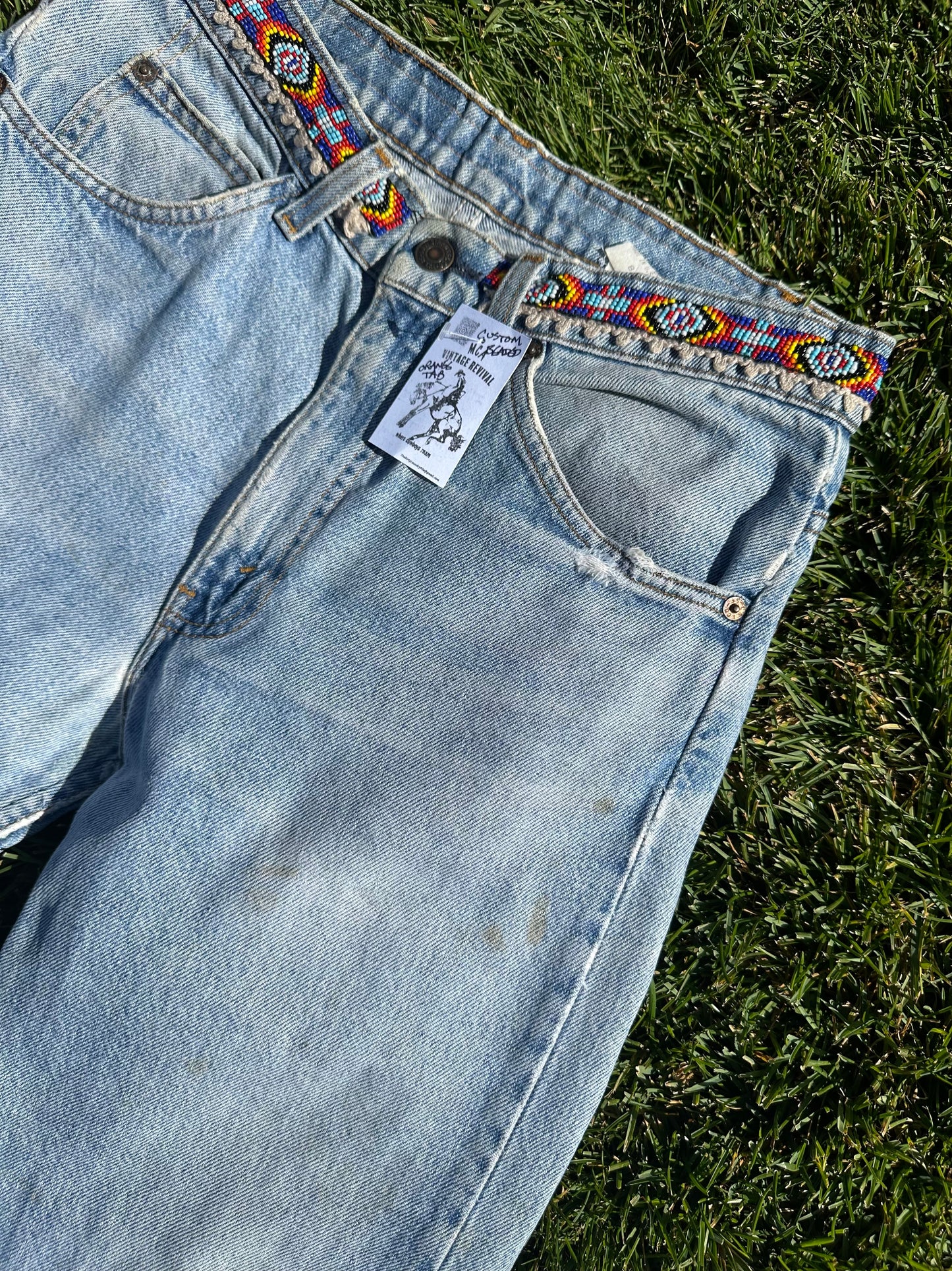 Custom Beaded 80’s Levi’s 505 Orange Tab Jeans (Modern 6)