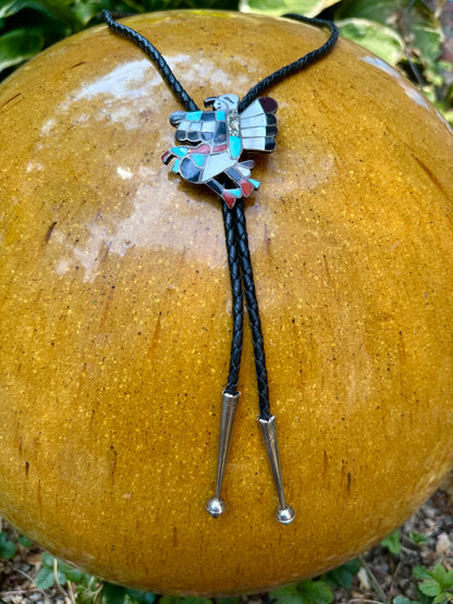 Old Pawn Signed Zuni Inlay Eagle Dancer Braided Leather Bolo Tie