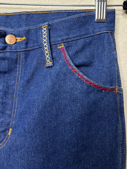 MCA Vibtage Revival: 70’s Wrangler Indigo Hand Embroidered Boot Flare Jeans (Modern 27/28)