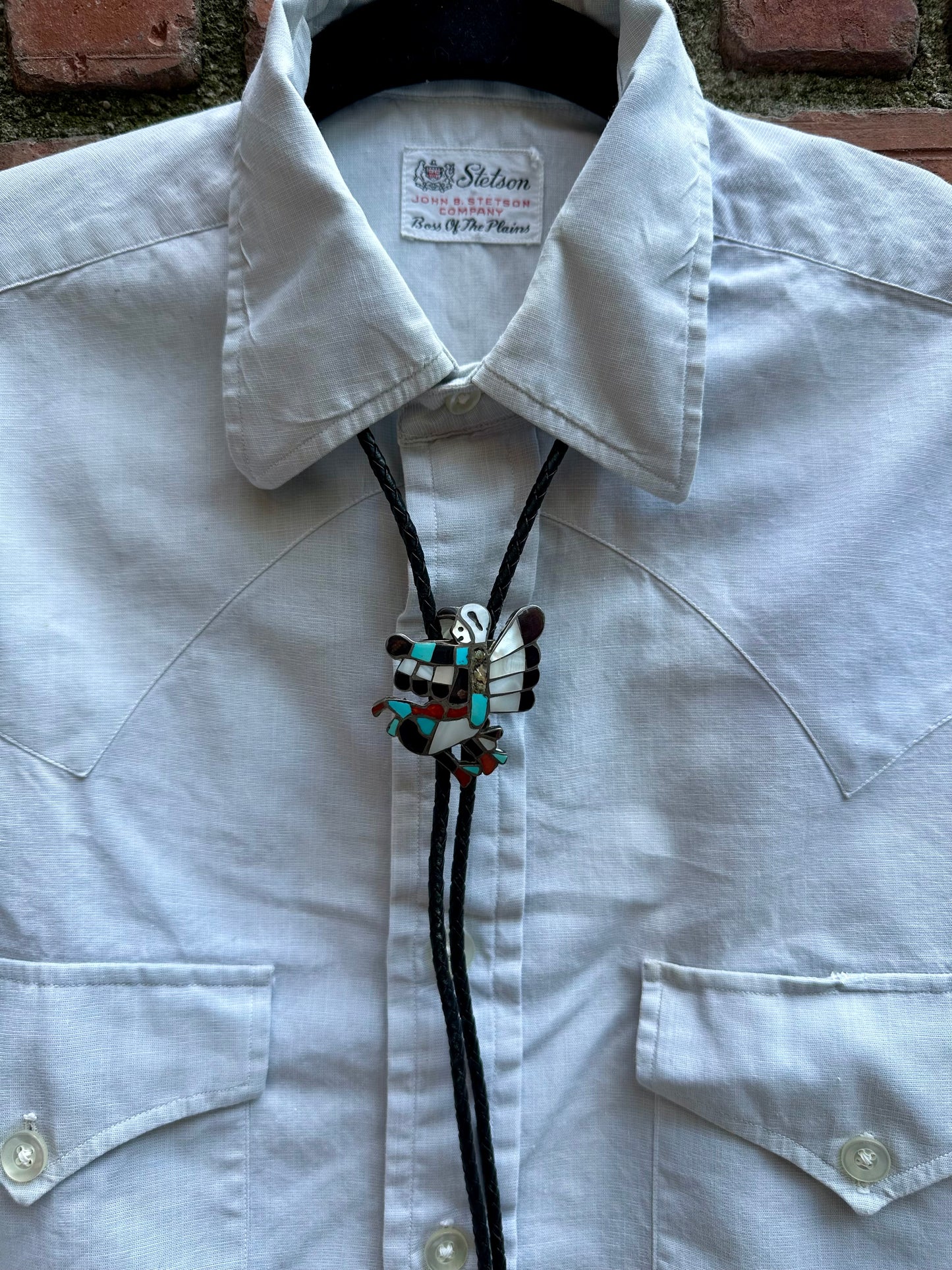 Old Pawn Signed Zuni Inlay Eagle Dancer Braided Leather Bolo Tie