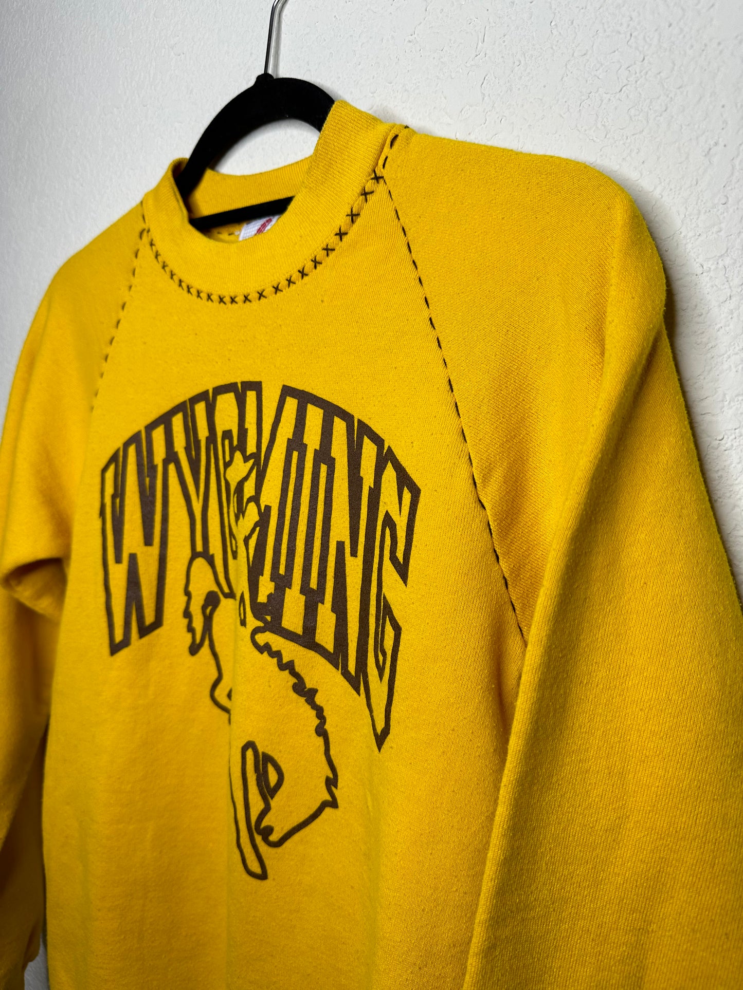 80’s Wyoming Raglan Sweatshirt w/  Hand Embroidered & Flocked Letters (Women’s XS)