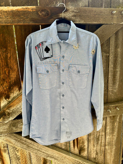MCA Vintage Revival: Vintage Hand Embroidered Military Chambray Utility Shirt (Unisex S)