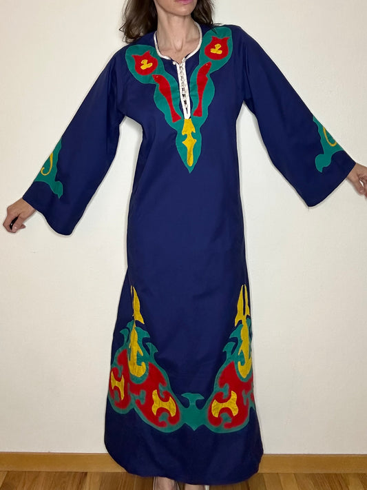 70’s Josefa Style Cotton Hand Appliqué Kaftan Dress (L/XL)