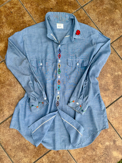 70’s Big Mac Selvedge Chambray Western Shirt w/ Hand Embroidery (Unisex XL)