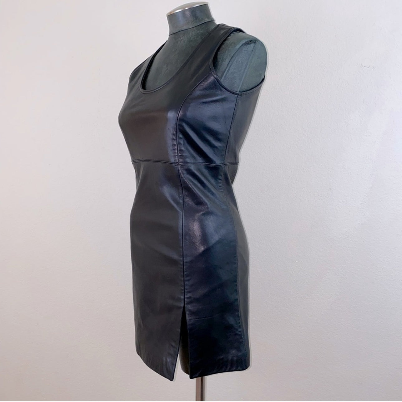 90s Black Leather Mod Micro Mini Slit Dress (XS/S)