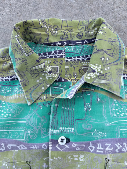 50’s Handmade Aztec Novelty Printed Cotton Casual Shirt (Unisex S/M)
