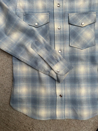 70’s Pendleton Western Wool Baby Blue Shadow Plaid Pearl Snap Shirt (Women’s XS/S)