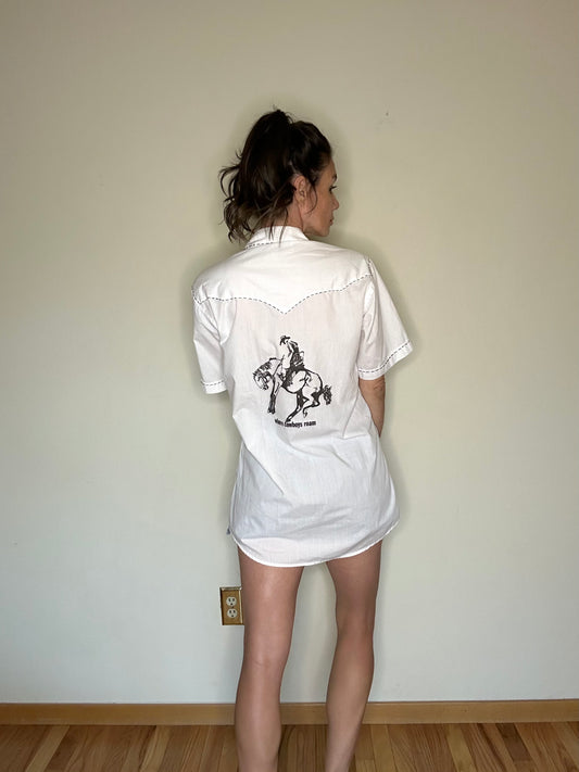 MCA Vintage Revival: 80’s “Wyoming Where Cowboys Roam” Pearl Snap Shirt - Custom Made (Unisex M)