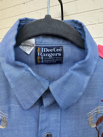 Custom Embroidered Patchwork Yoke Chambray Pearl Snap