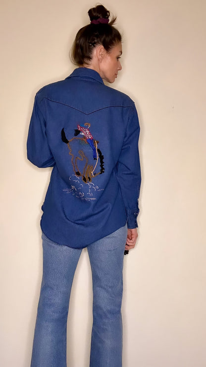 MCA VINTAGE REVIVAL: Wrangler Hand Embroidered Denim Pearl Snap Shirt