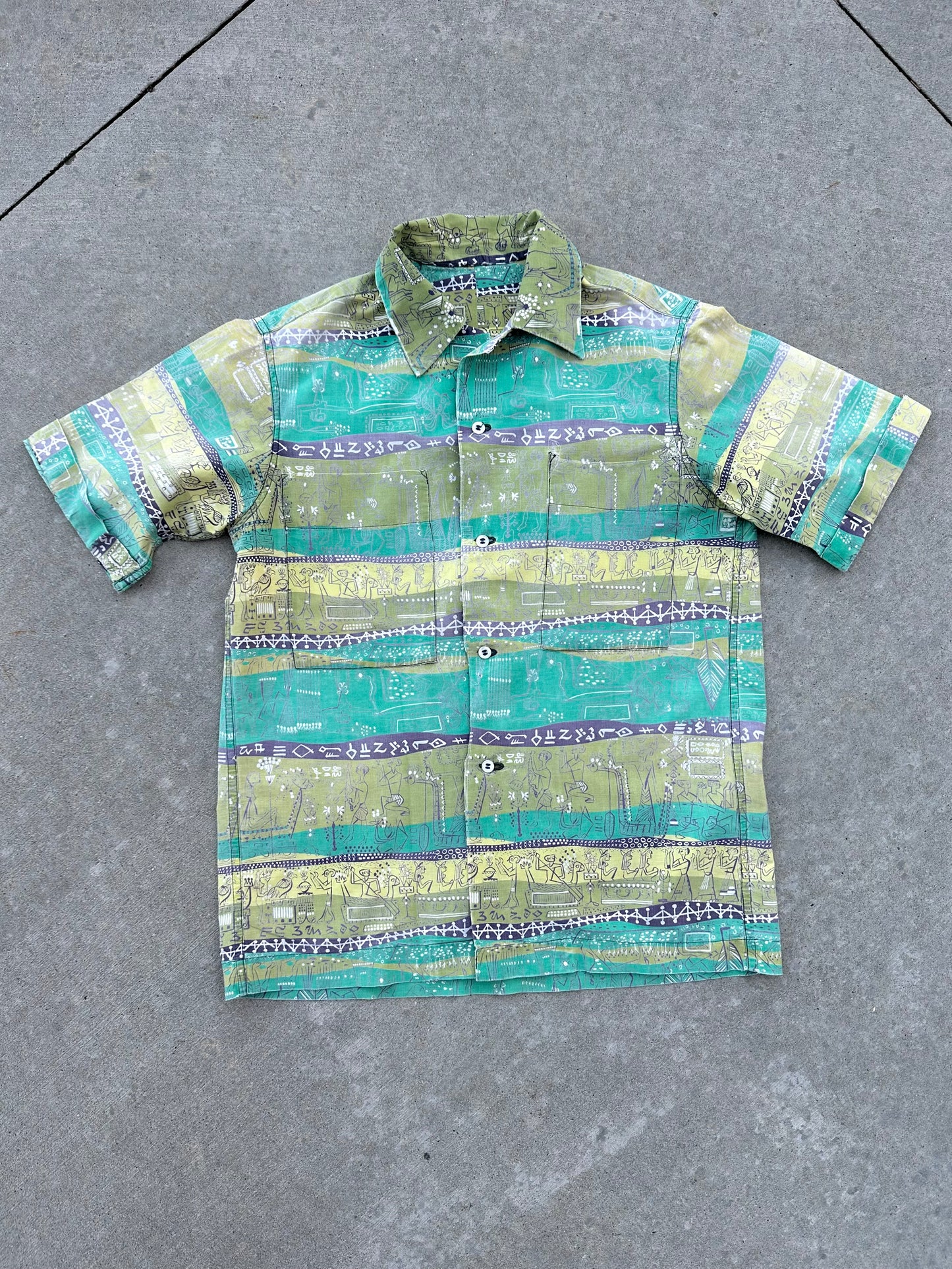 50’s Handmade Aztec Novelty Printed Cotton Casual Shirt (Unisex S/M)