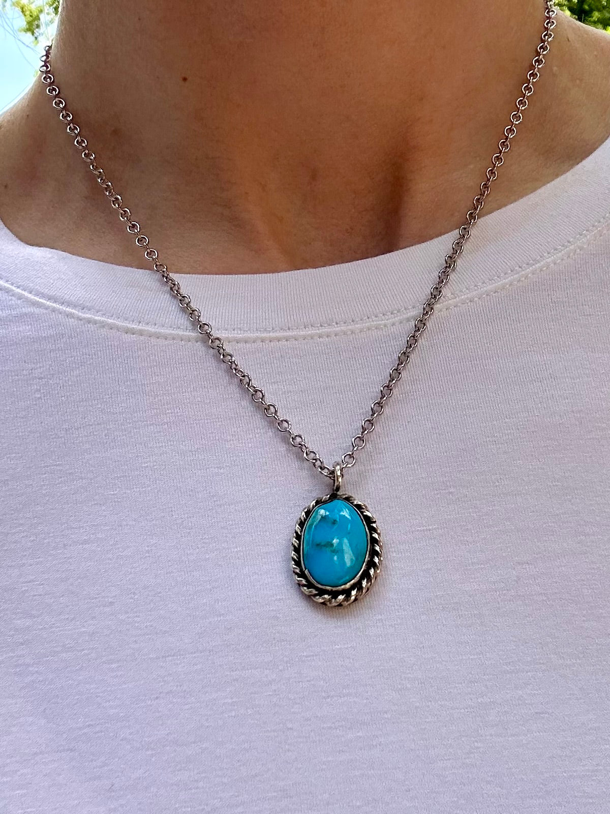 Vintage Turquoise & Sterling Silver Pendant Necklace (18”)