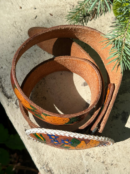 Vintage Tooled Leather Had Painted Western Belt & Buckle