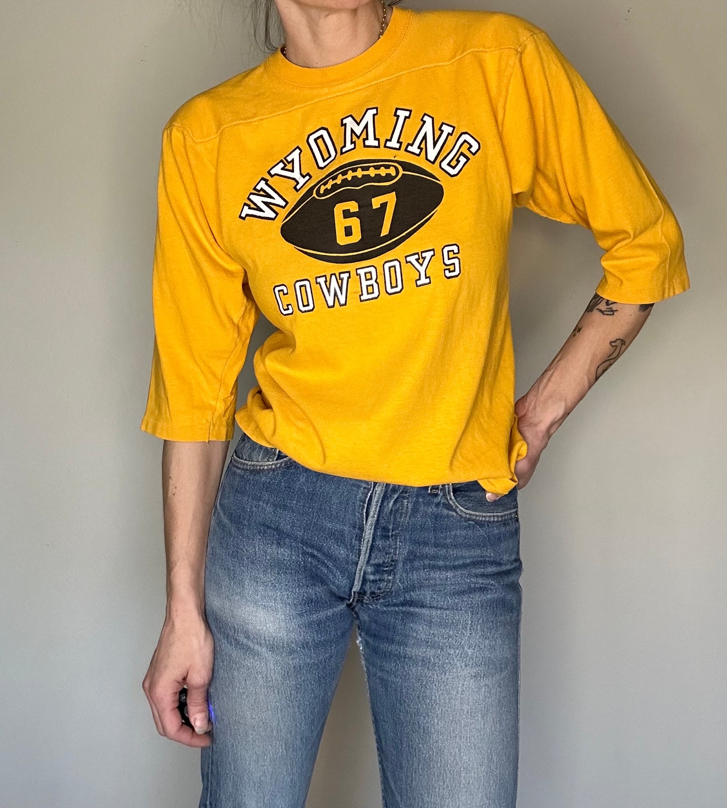 60’s Champion Knitwear Wyoming Cowboys Football Cotton Jersey Tee (Unisex M)