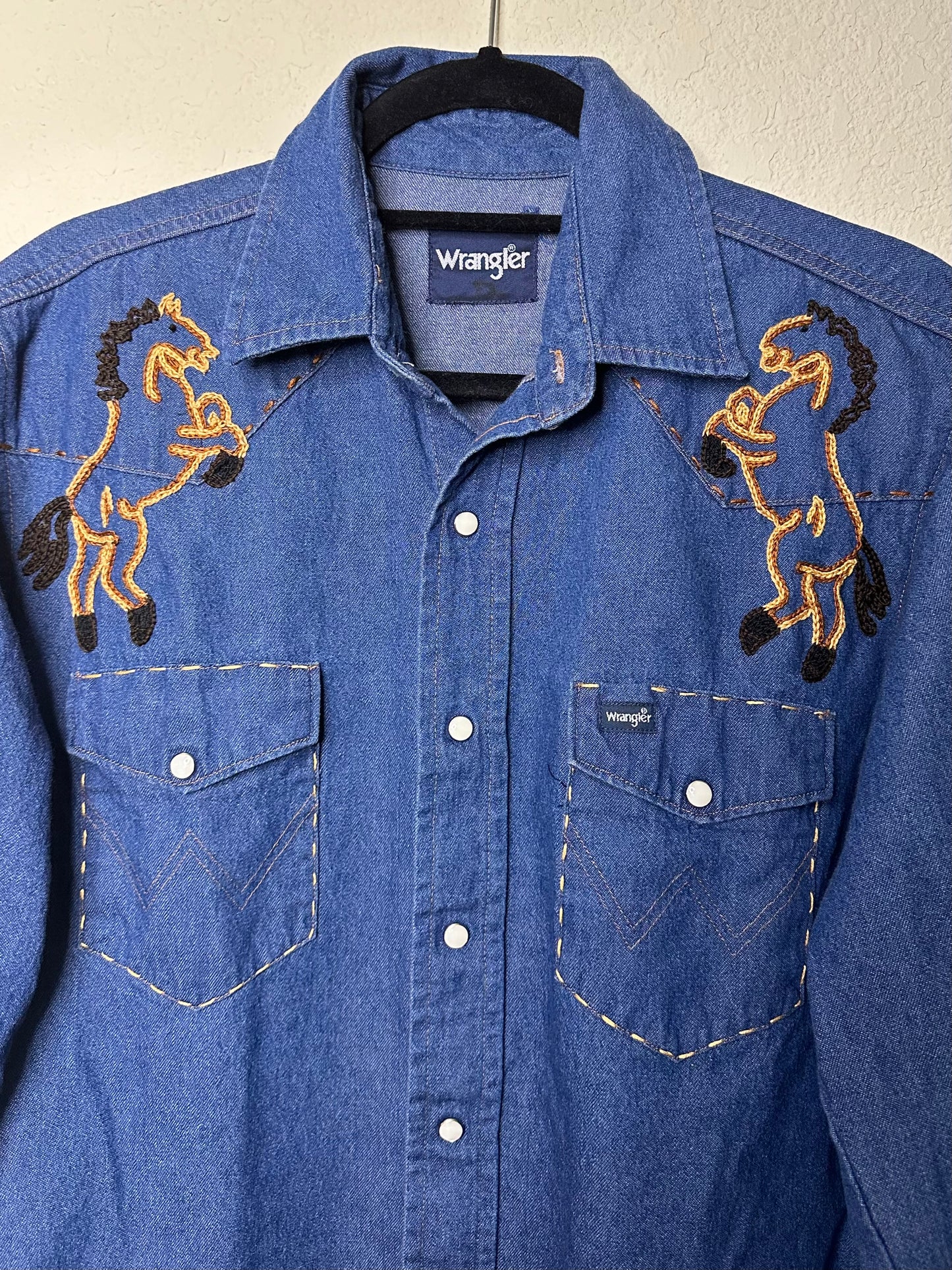 MCA Vintage Revival: Wrangler Denim Western Shirt - Horse Head Embroidered (Unisex L)