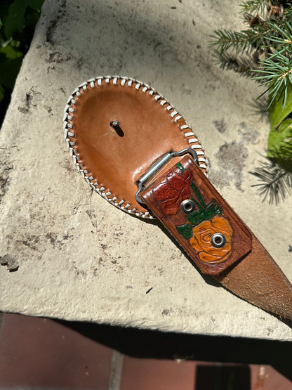 Vintage Tooled Leather Had Painted Western Belt & Buckle