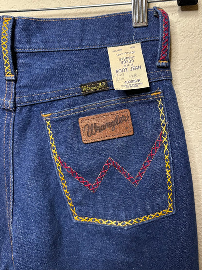 MCA Vibtage Revival: 70’s Wrangler Indigo Hand Embroidered Boot Flare Jeans (Modern 27/28)