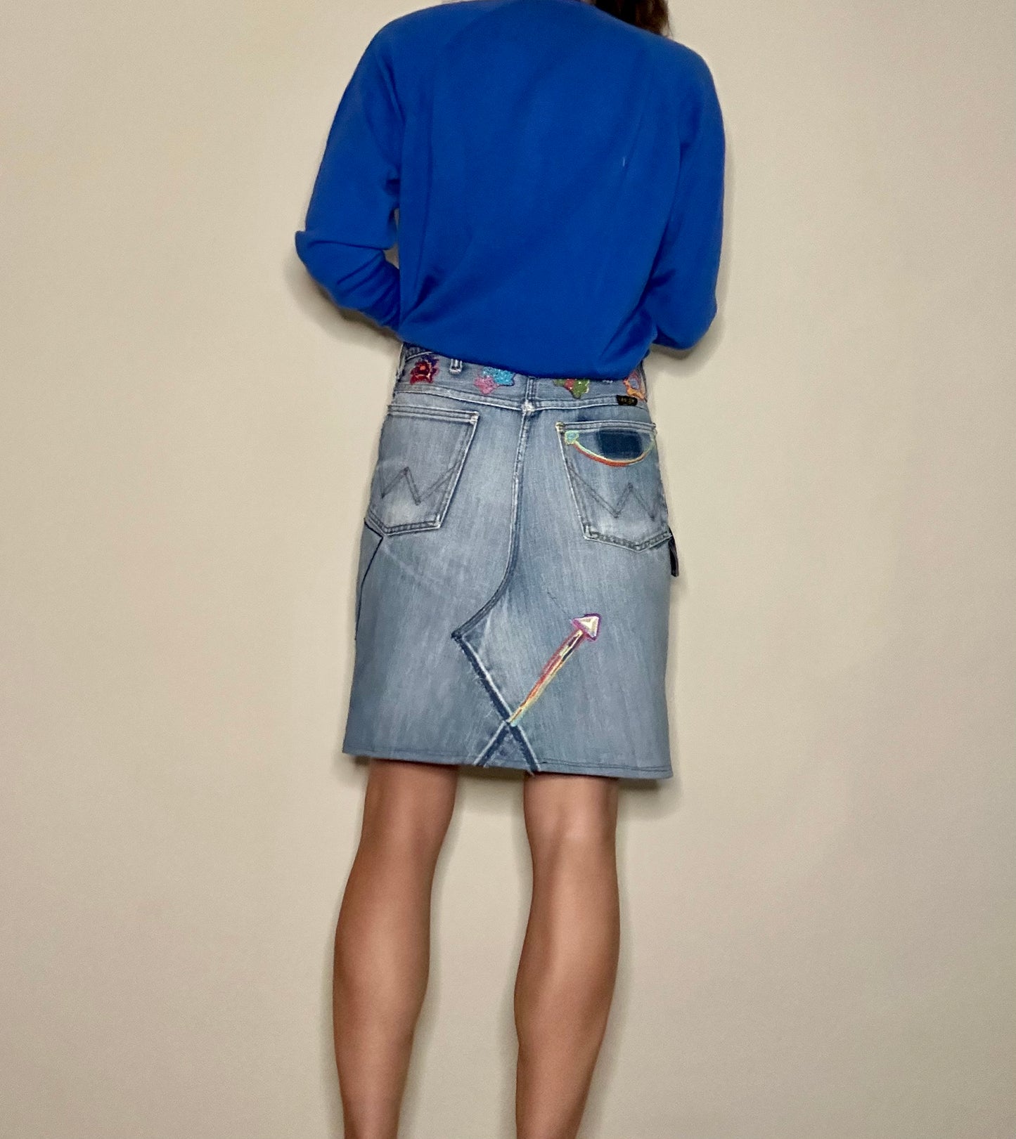 MCA REVIVAL: 70’s Wrangler No Fault Denim Handmade into Embroidered A-Line Skirt (8/10)