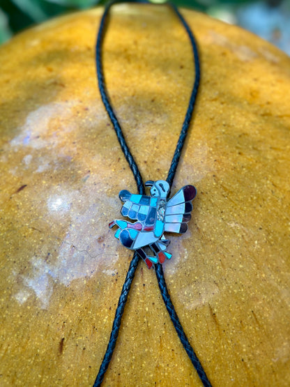 Old Pawn Signed Zuni Inlay Eagle Dancer Braided Leather Bolo Tie