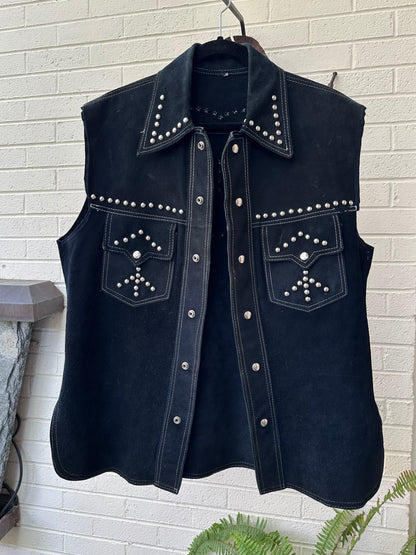 60’s Roncelli Style Studded Cowhide Suede Western Cutoff Overshirt (Men’s L)