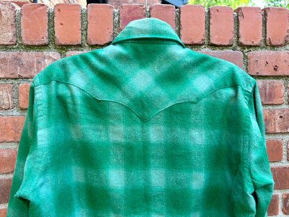 70’s KARMAN Western Washable Wool Green Shadow Plaid Pearl Snap (Unisex M/L)