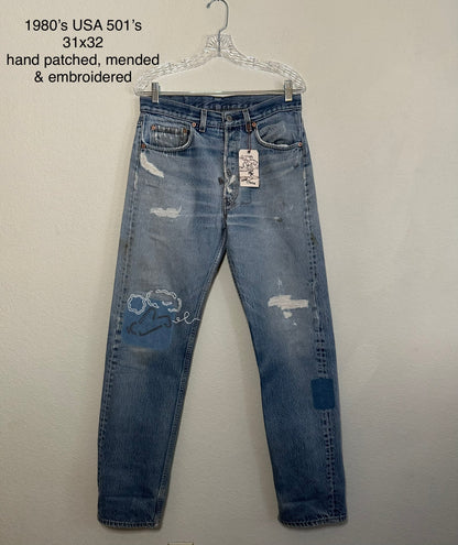 MCA Vintage Revival: 80’s Levi’s 501’s - Hand Patched & Hand Embroidered (31x32 / Modern 8)