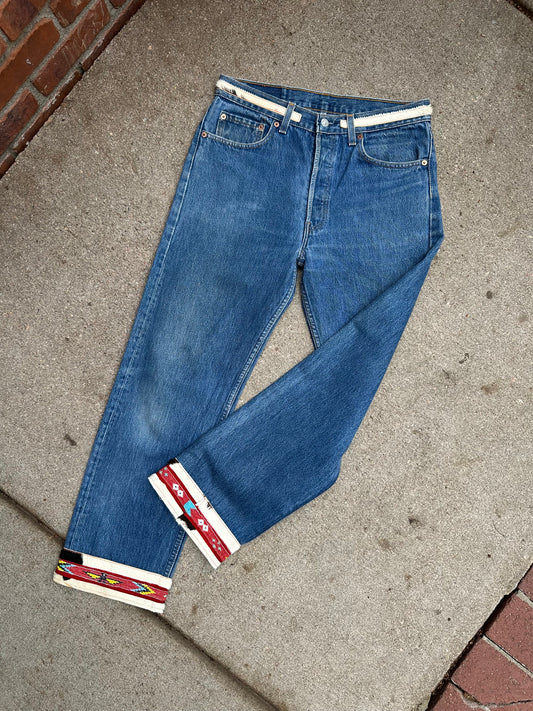 90’s Custom Cowhide Beaded Levi’s 501 Jeans (Modern 29/30)