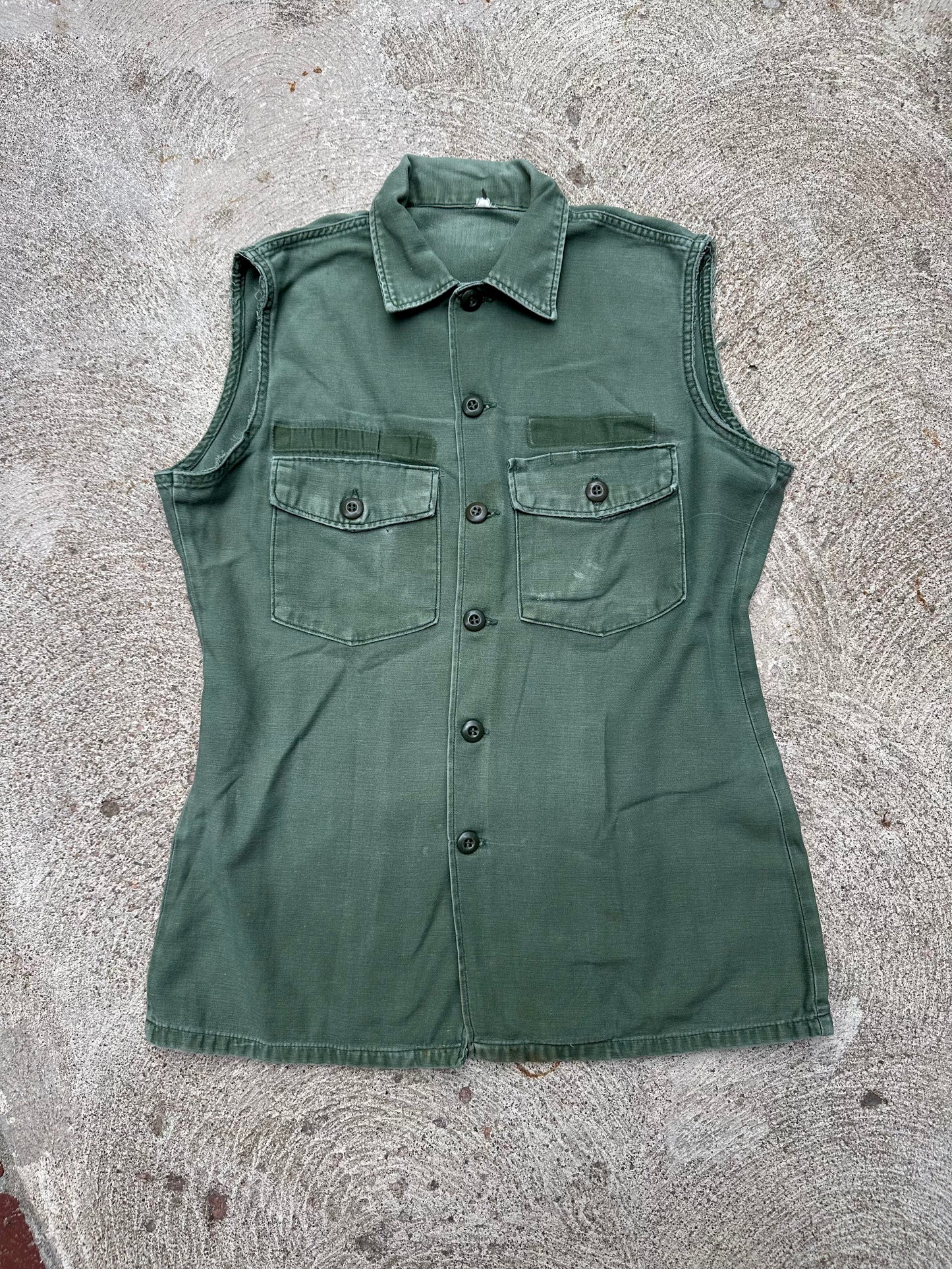 60’s US Army Military OG-107 Cotton Sateen Cutoff Sleeveless Utility Shirt Type 3 (Unisex M)