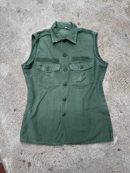 60’s US Army Military OG-107 Cotton Sateen Cutoff Sleeveless Utility Shirt Type 3 (Unisex M)