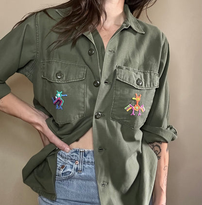 MCA VINTAGE REVIVAL: 70s OG-107 Hand-Embroidered Cotton Sateen Military Field Shirt