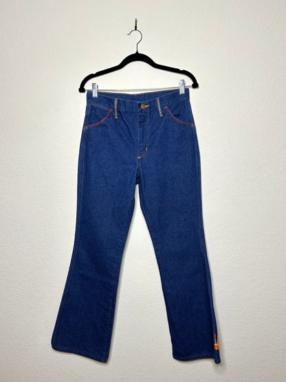 MCA Vibtage Revival: 70’s Wrangler Indigo Hand Embroidered Boot Flare Jeans (Modern 27/28)