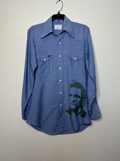 60’s Custom Wrangler Chambray Western Pearl Snap Shirt w/ Johnny Cash Graphic (Unisex S)